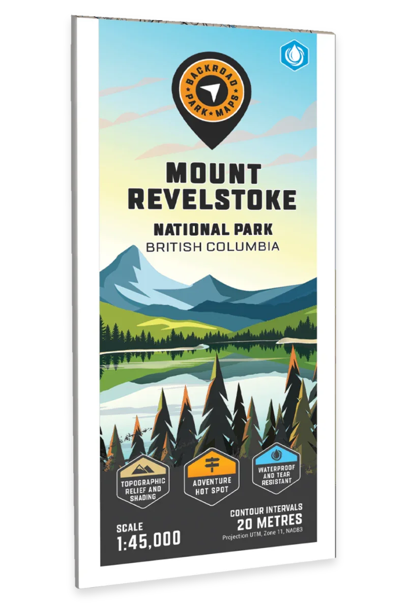 Mount Revelstoke National Park map cover with illustrated mountains, forest, and icons highlighting topographic relief, adventure hotspot, and waterproof features.