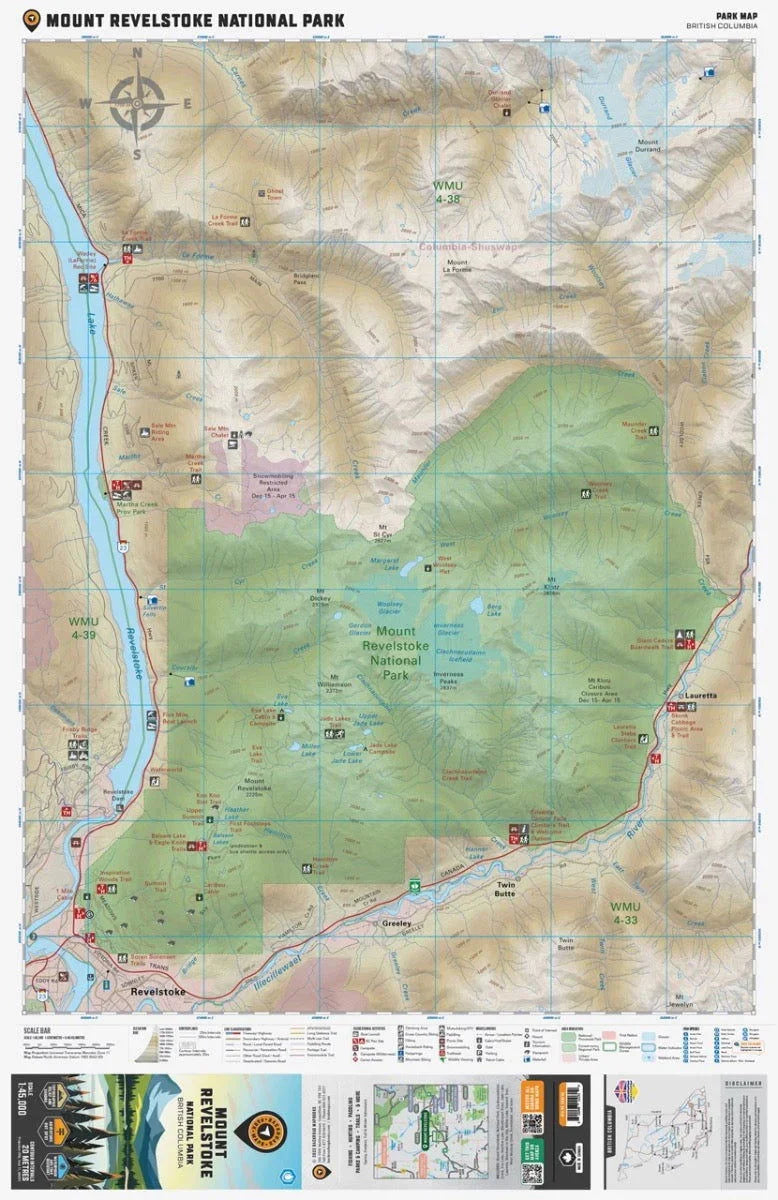 Mount Revelstoke National Park map showing trails, campgrounds, and topography in British Columbia.