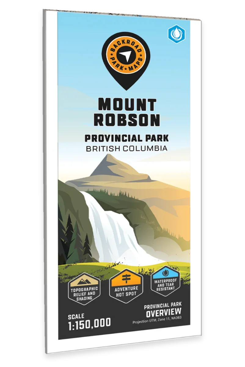 Mount Robson Provincial Park map cover with mountain, waterfall, and Backroad Park Maps logo