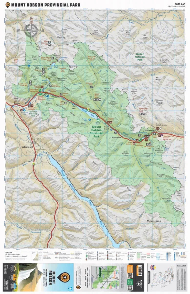 Mount Robson Provincial Park map, trails, campsites, and topography in British Columbia.
