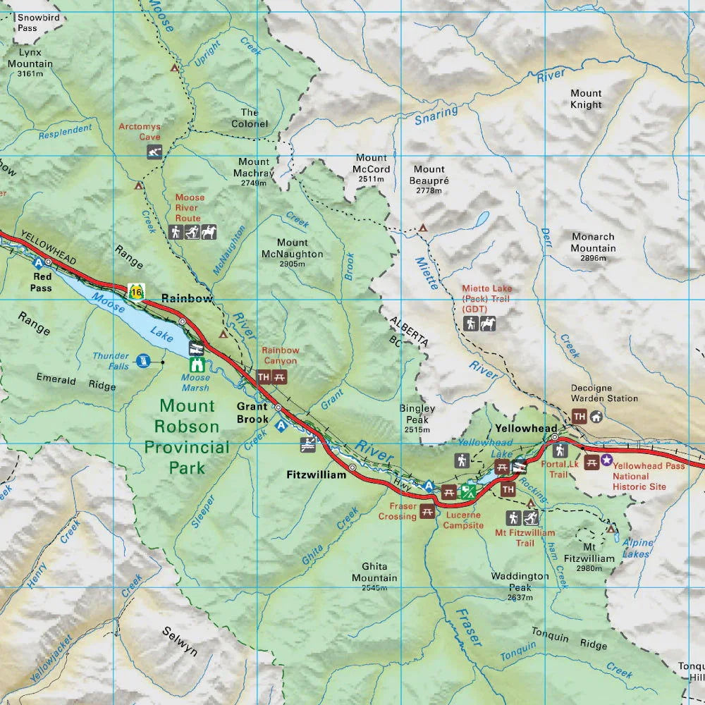 Mount Robson Provincial Park map showing trails, campsites, mountains, and Yellowhead Highway