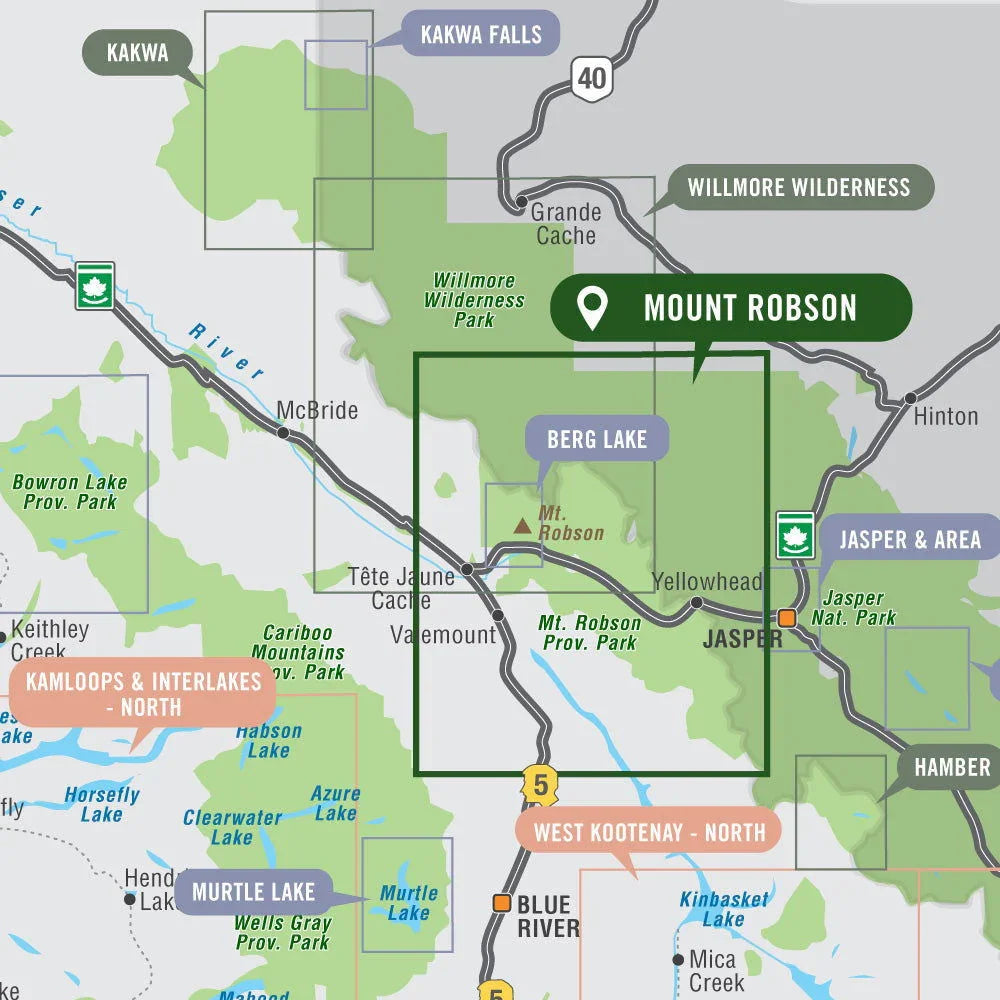 Mount Robson Provincial Park map highlighting Mt. Robson, Berg Lake, Jasper, and nearby parks in BC