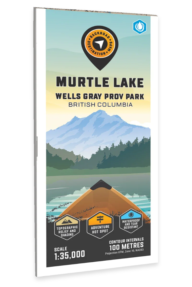 Murtle Lake Wells Gray Provincial Park map cover with canoe, mountains, and map features icons.