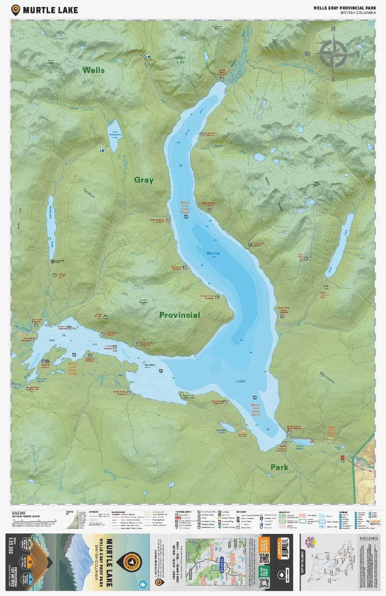 Map of Murtle Lake in Wells Gray Provincial Park, British Columbia with trails and campsites