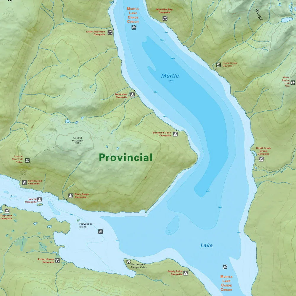 Map of Murtle Lake in Wells Gray Provincial Park, showing campsites, trails, topography.