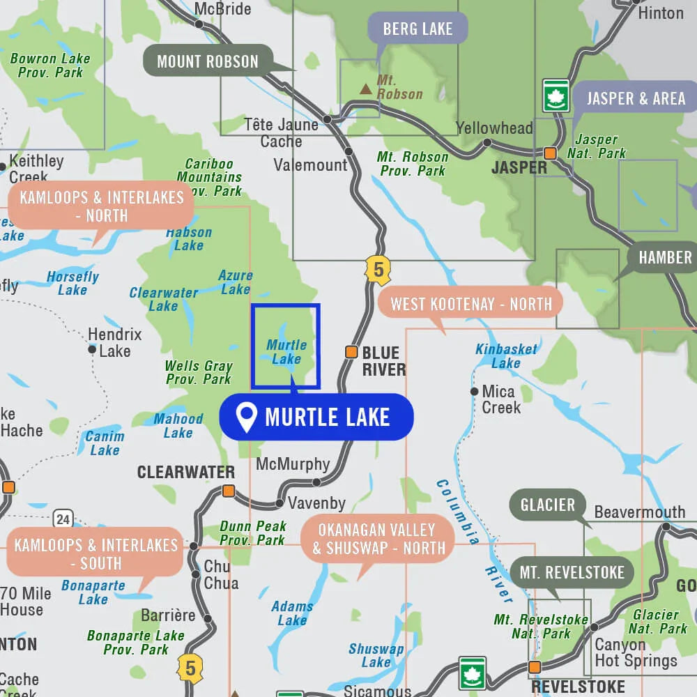 Murtle Lake map in Wells Gray Provincial Park, BC with nearby lakes and highways highlighted