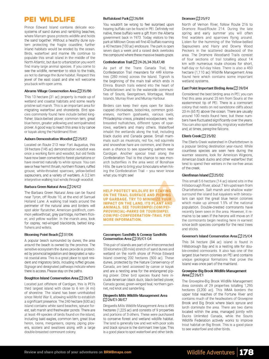 PEI wildlife guide page listing parks and conservation areas, black and orange text, mapbook style