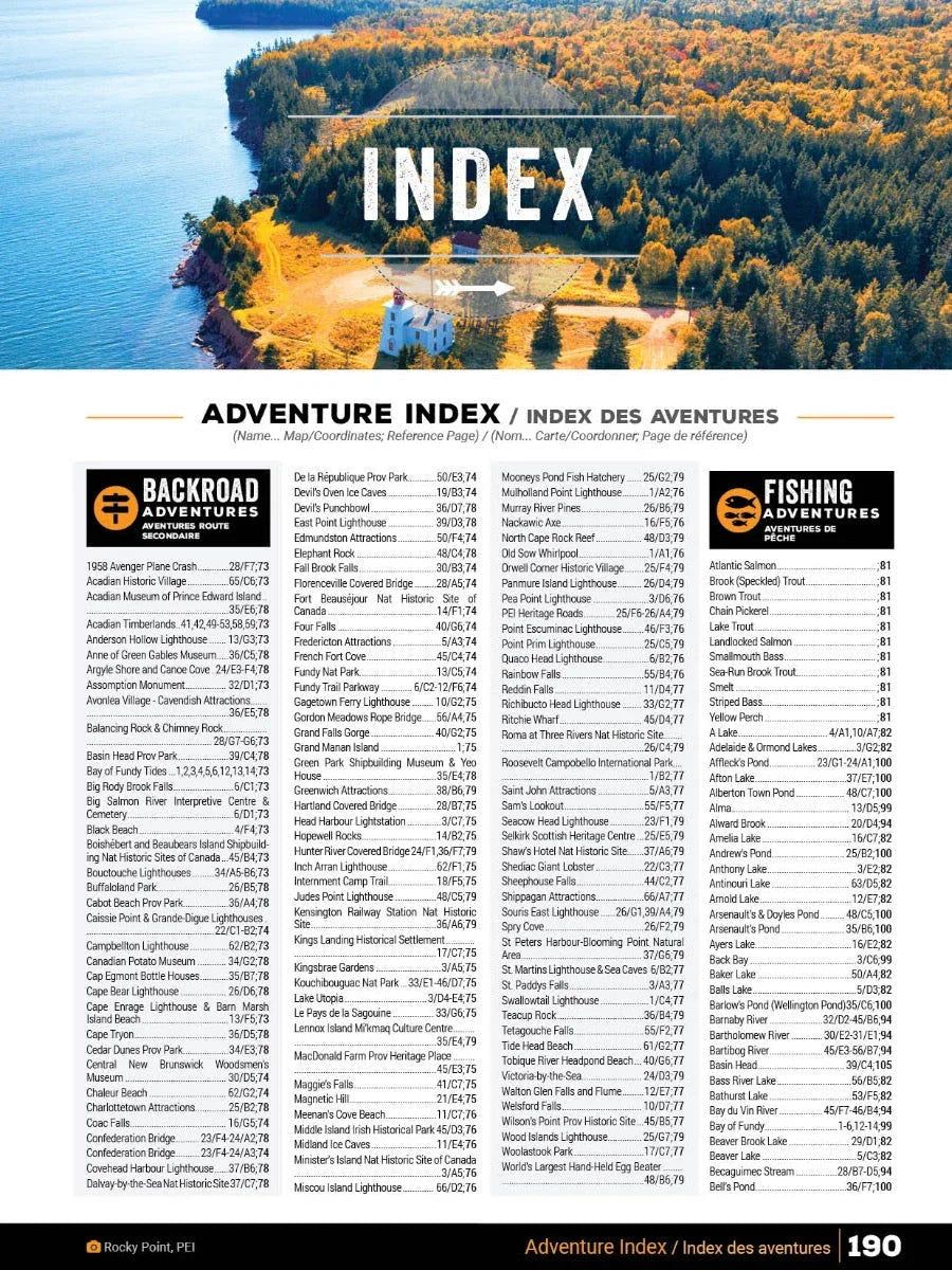 Aerial view of Rocky Point lighthouse and forest in autumn, New Brunswick PEI adventure map index.