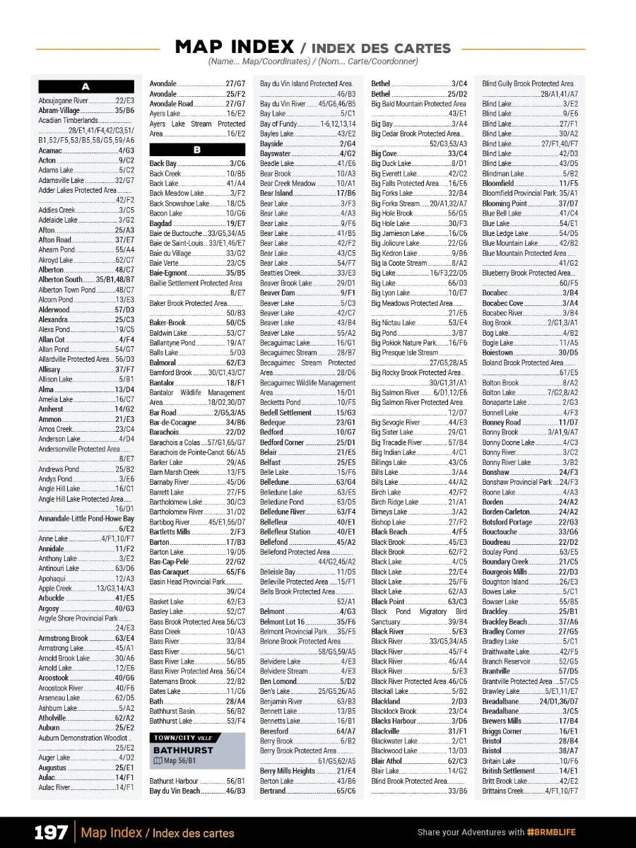 New Brunswick and PEI backroad map index page listing locations and map coordinates.