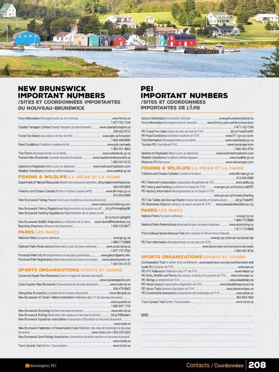 Colorful waterfront village in New Brunswick or PEI, houses by the water, contact info page.