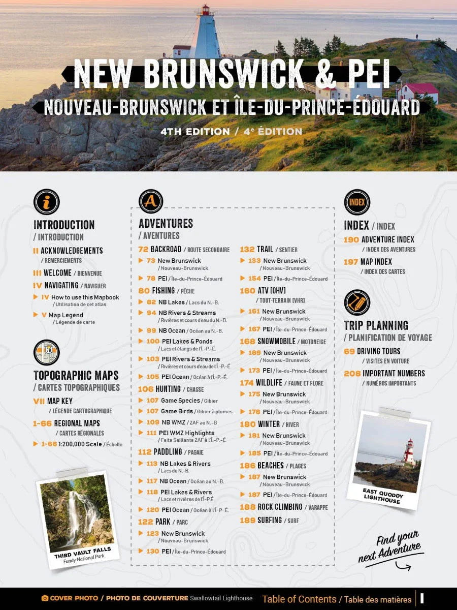 New Brunswick & PEI Backroad Mapbook cover, sunset lighthouse on rocky coast, table of contents.