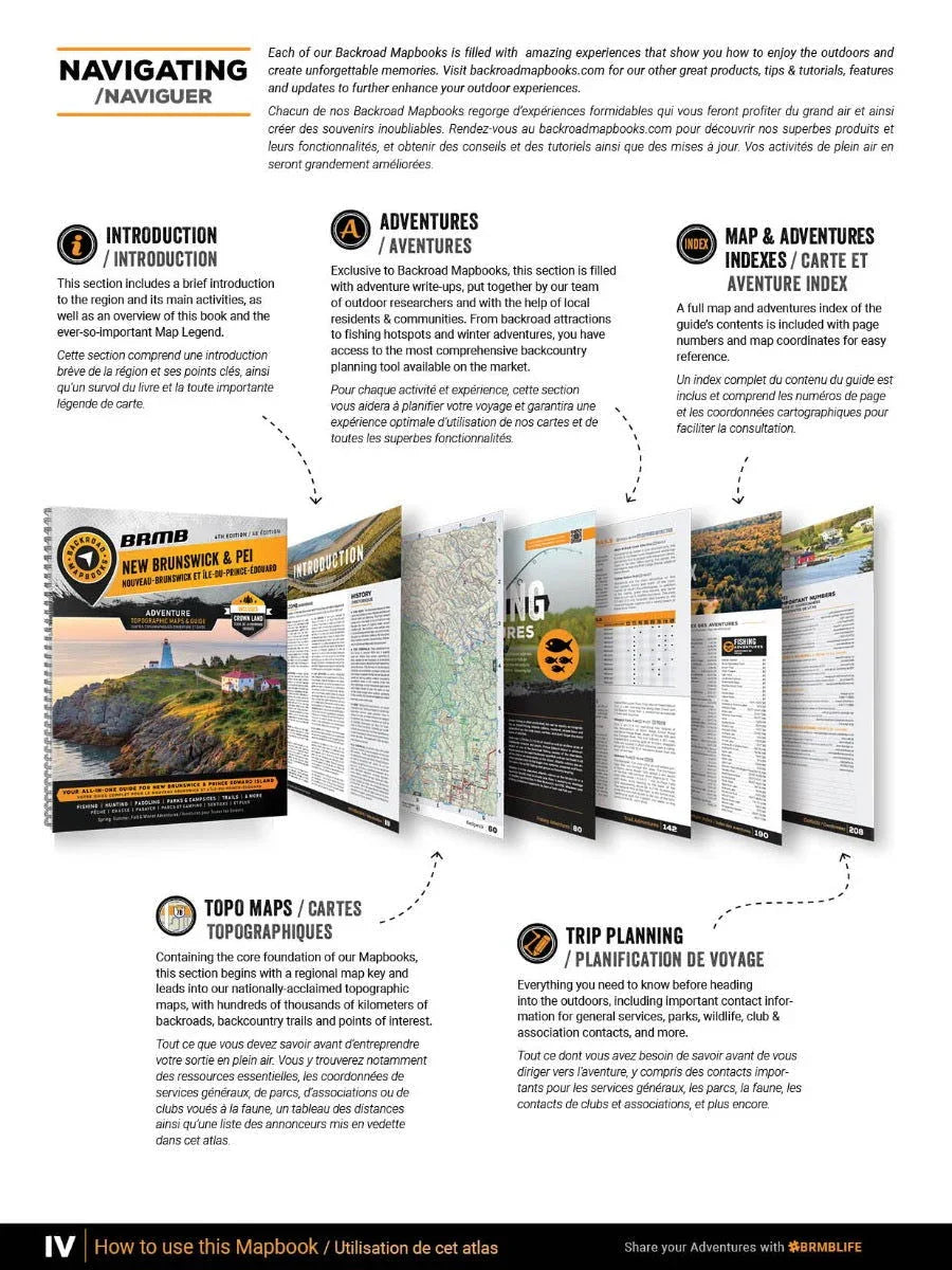Backroad Mapbooks New Brunswick PEI guide interior, topographic maps, trip planning sections