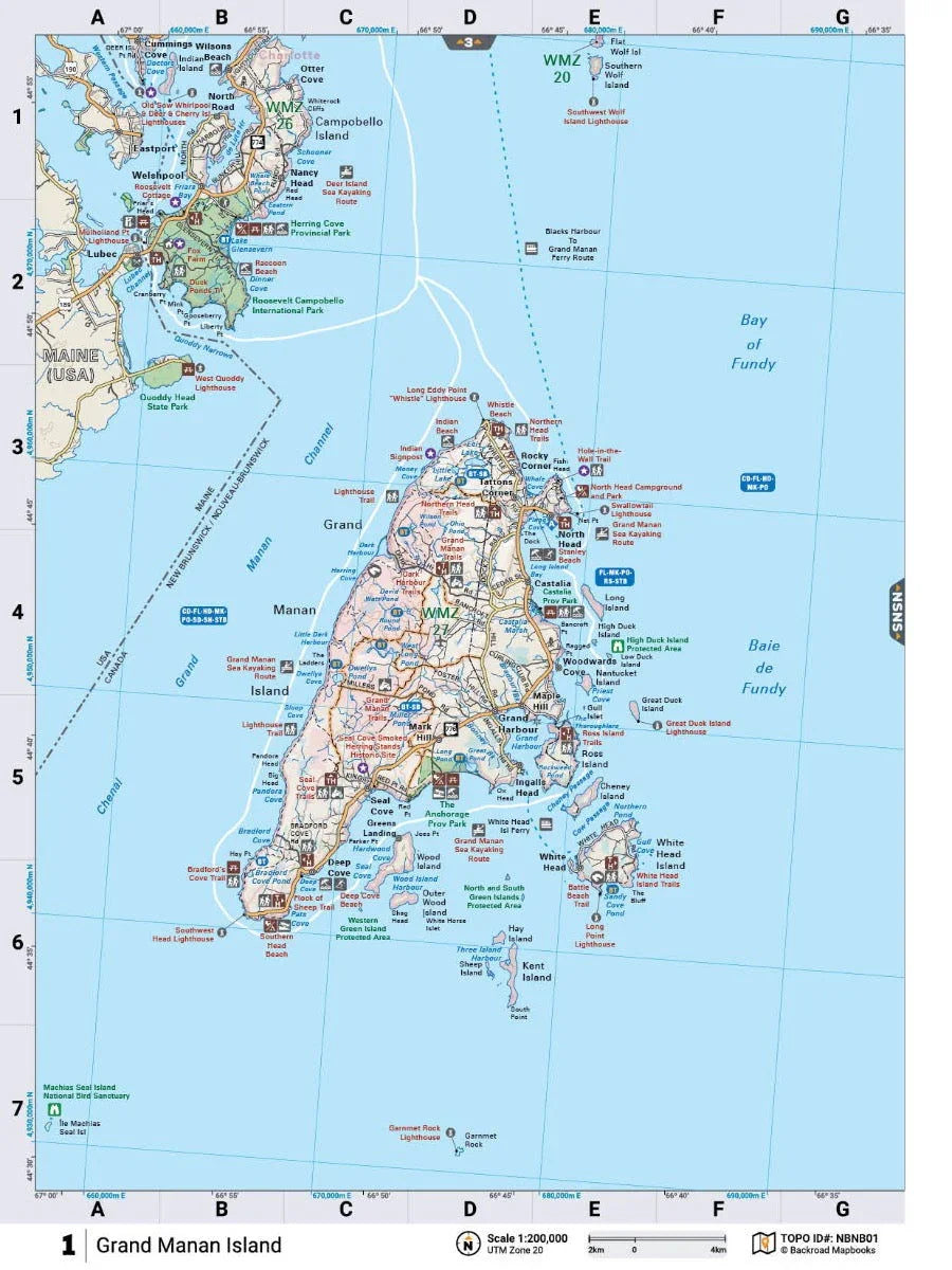 Detailed map of Grand Manan Island and surrounding area in Bay of Fundy, New Brunswick.