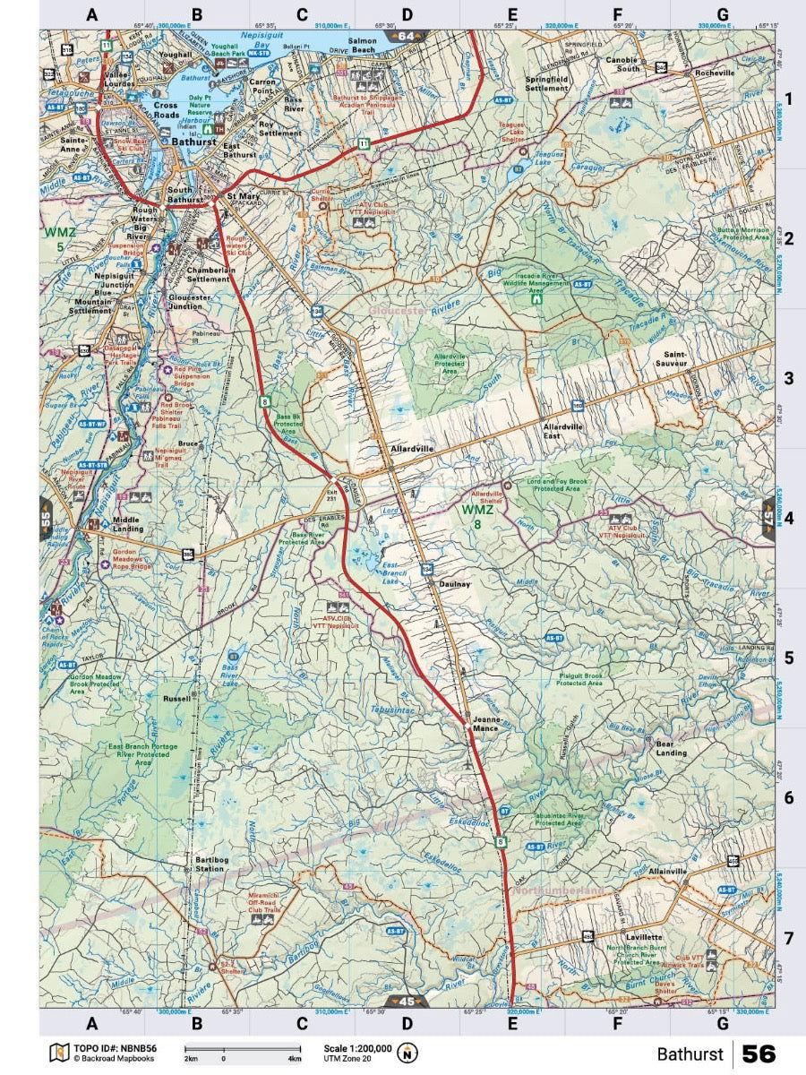 Detailed Bathurst New Brunswick topographic map with roads, rivers, and landmarks