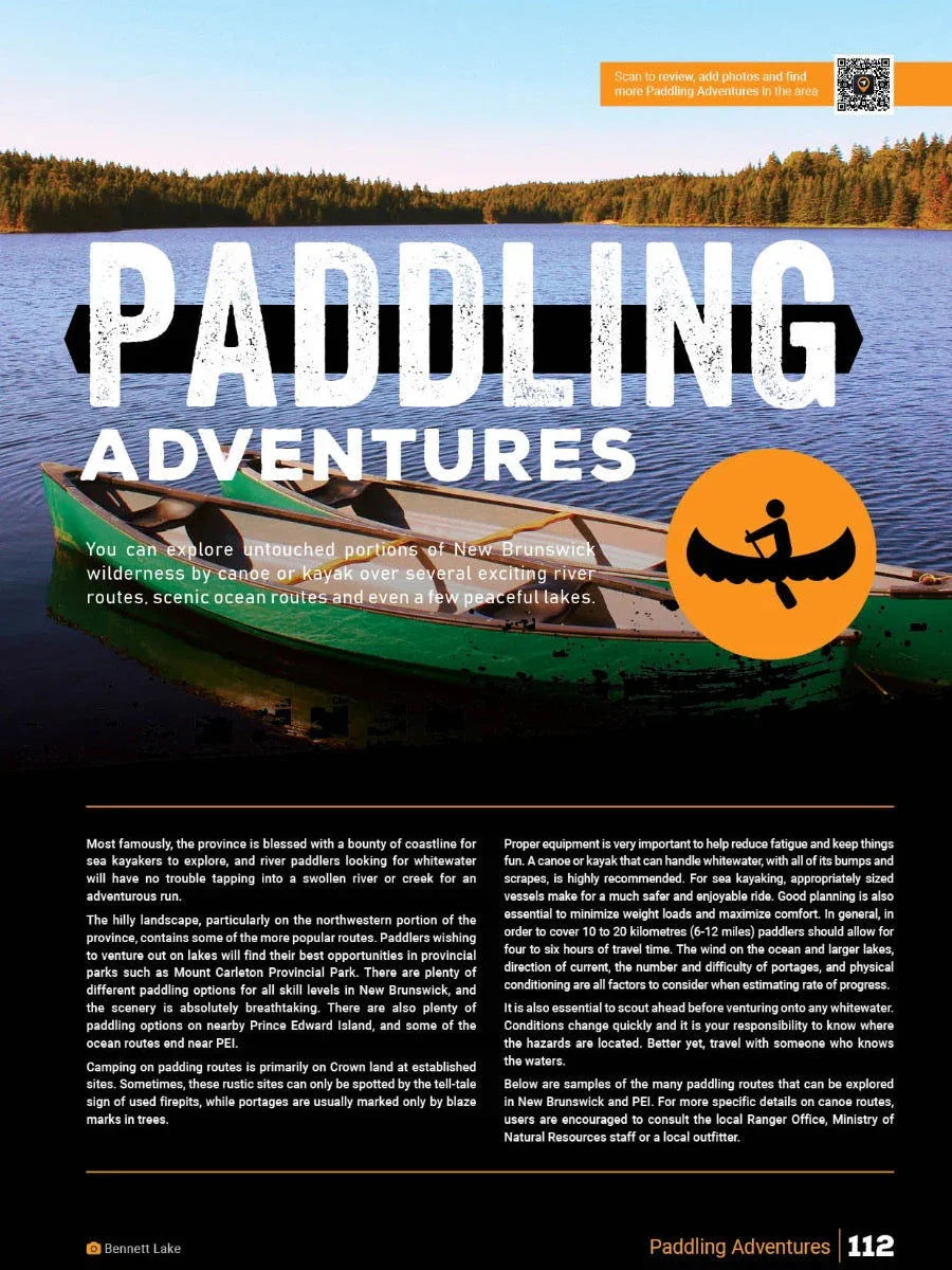 Canoes on Bennett Lake with forested shoreline, promoting New Brunswick paddling adventures.