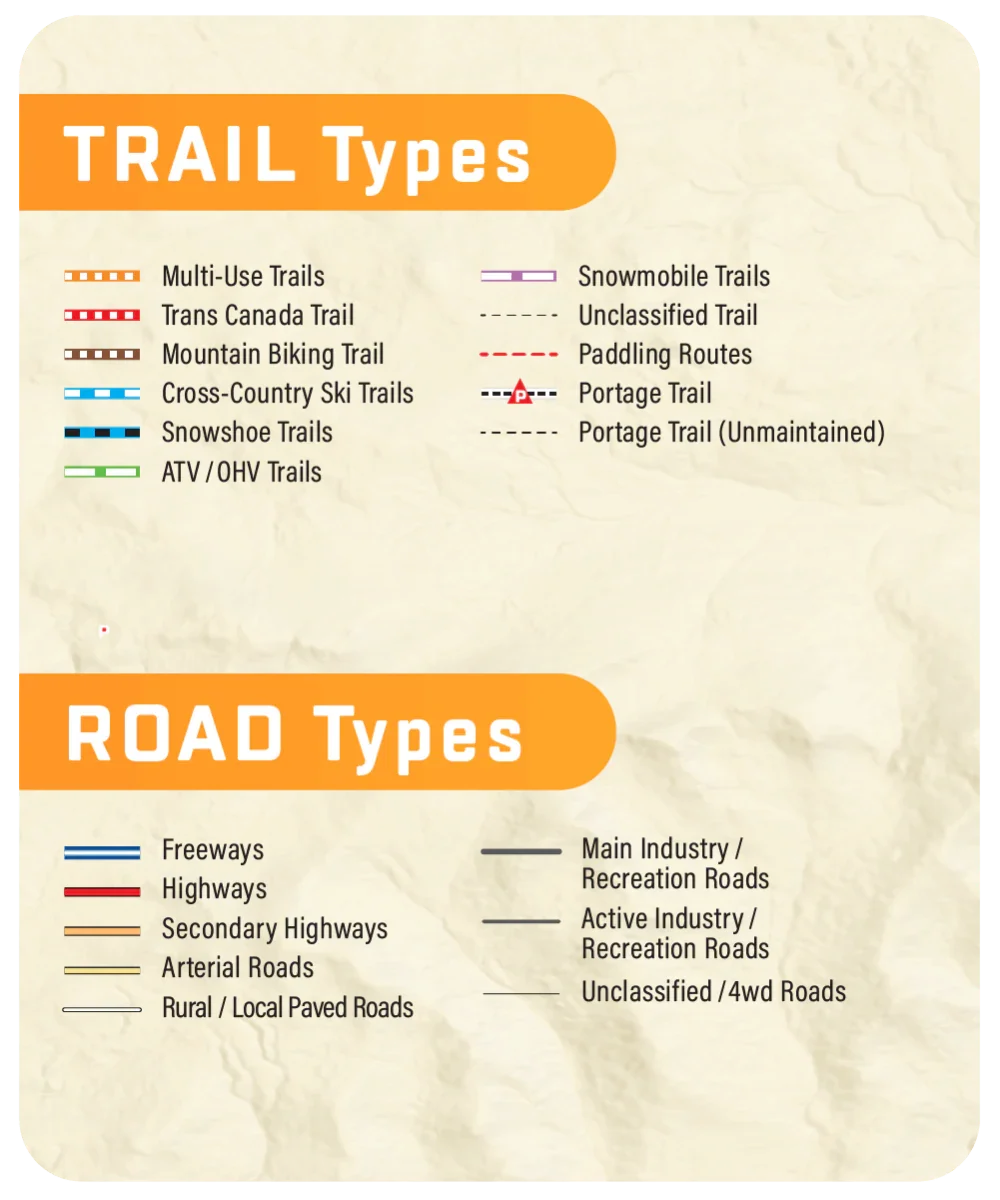 Legend for New Brunswick GPS maps showing trail and road types with color-coded lines.