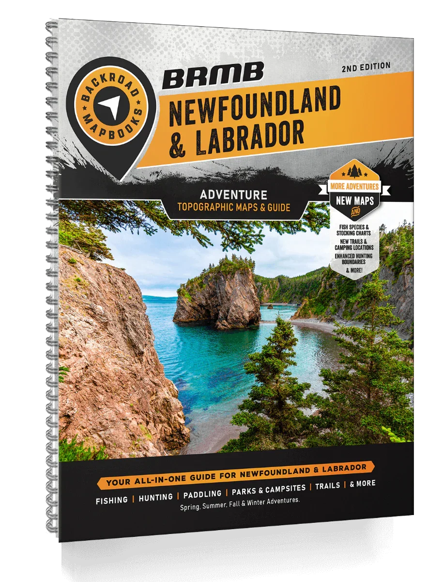BRMB Newfoundland & Labrador Backroad Mapbook cover with coastal cliffs and adventure guide text
