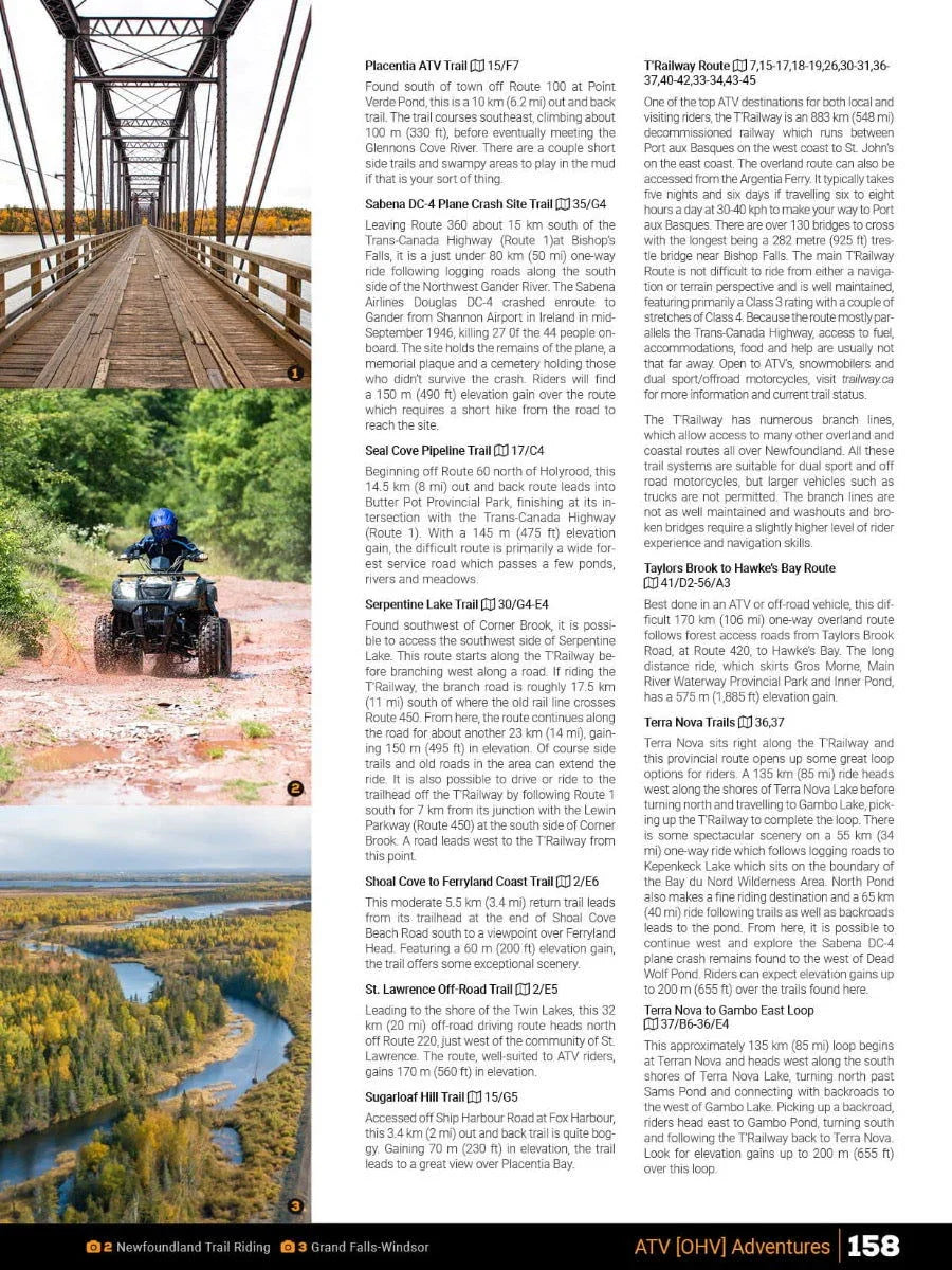 Newfoundland Labrador backroad mapbook page with ATV trail descriptions and photos of bridge, ATV rider, and river landscape.