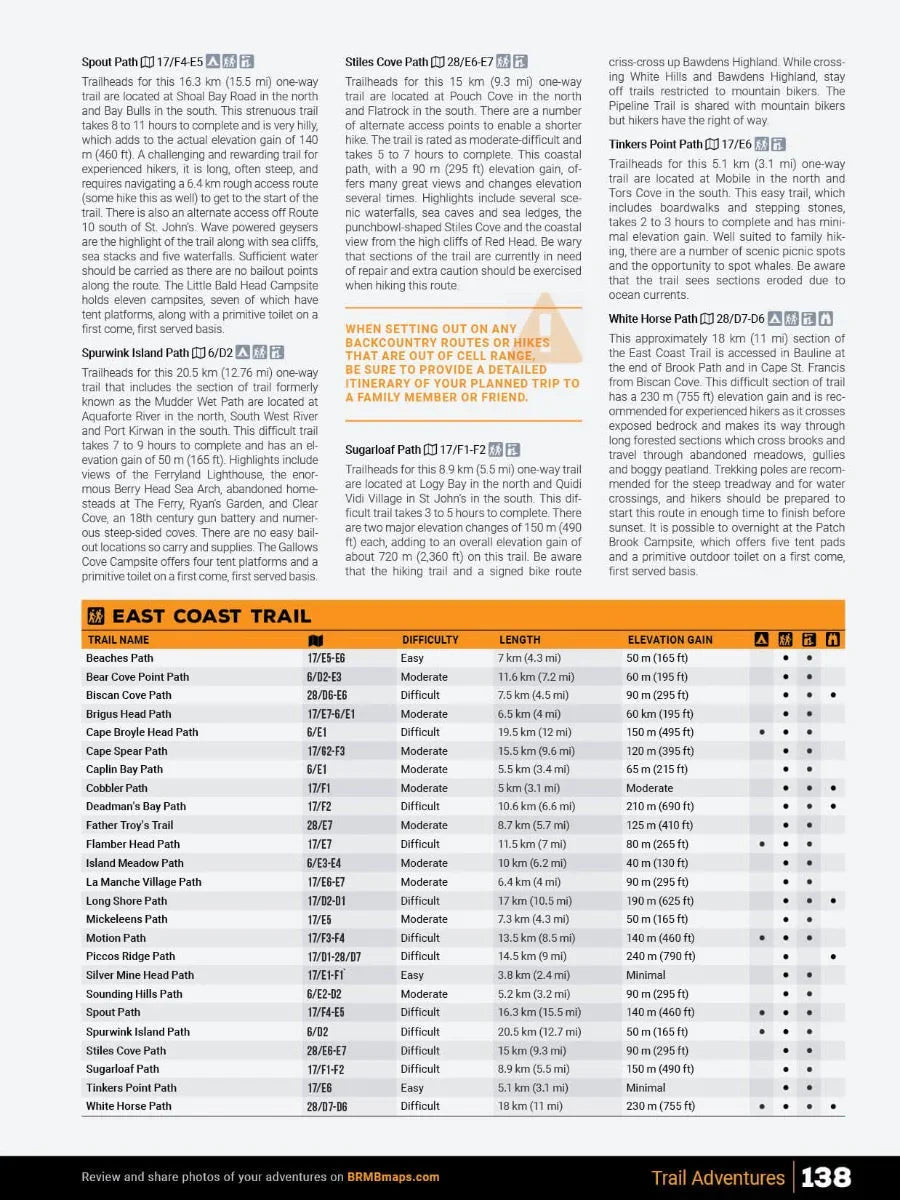 East Coast Trail hiking guide with trail descriptions and difficulty chart for Newfoundland.