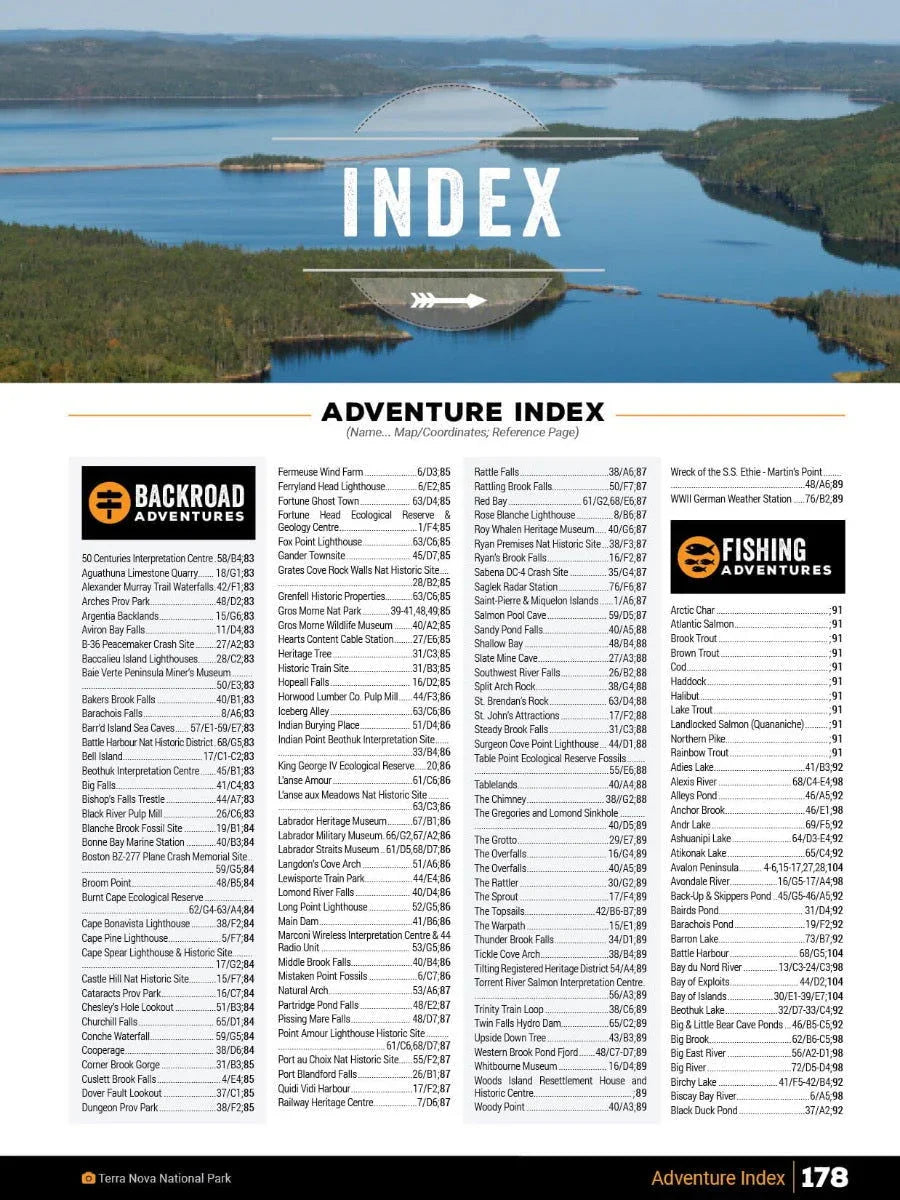 Newfoundland and Labrador backroad adventure index page with wilderness lake and forest landscape
