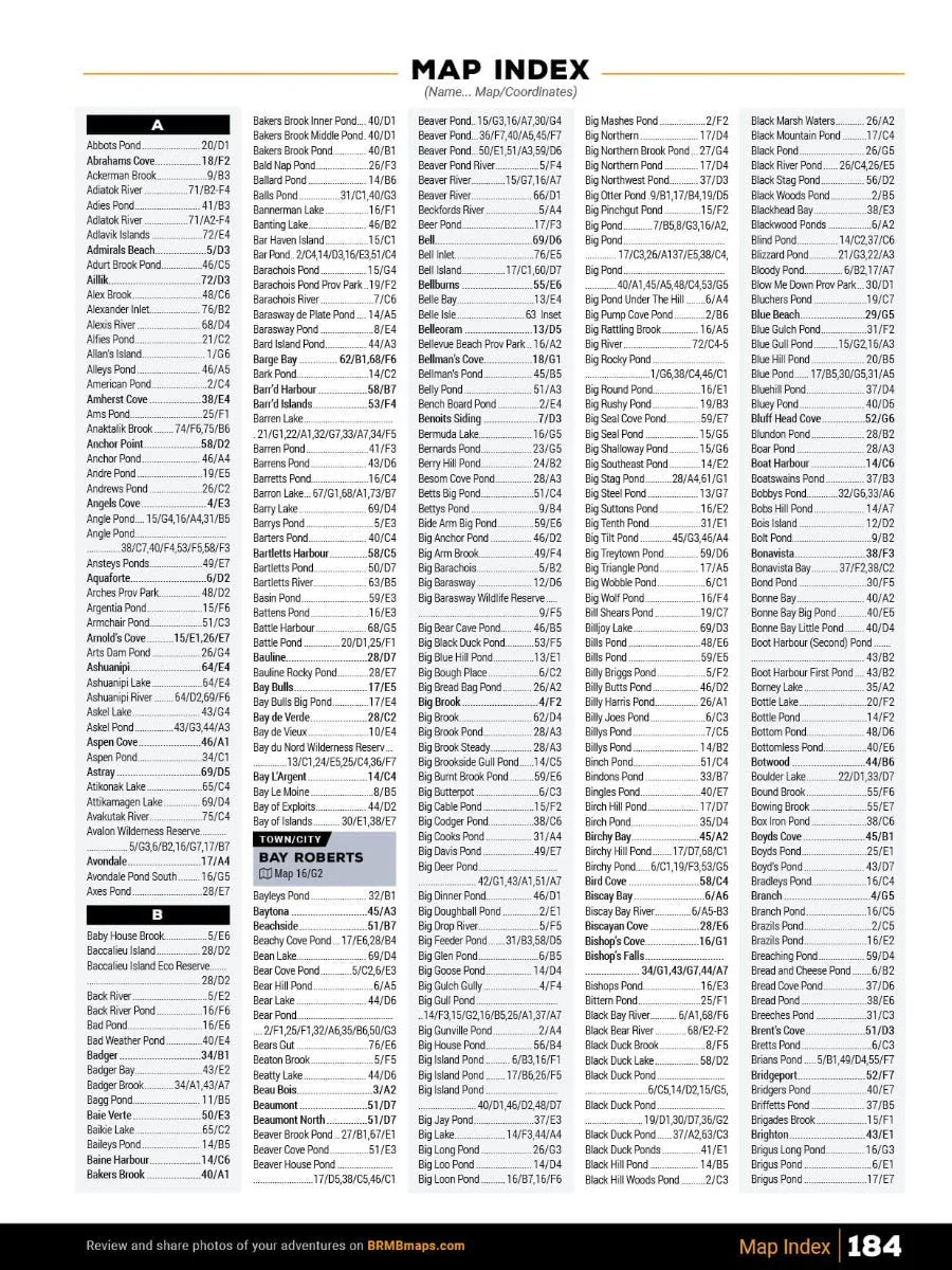 Newfoundland and Labrador backroad map index page listing place names and map coordinates