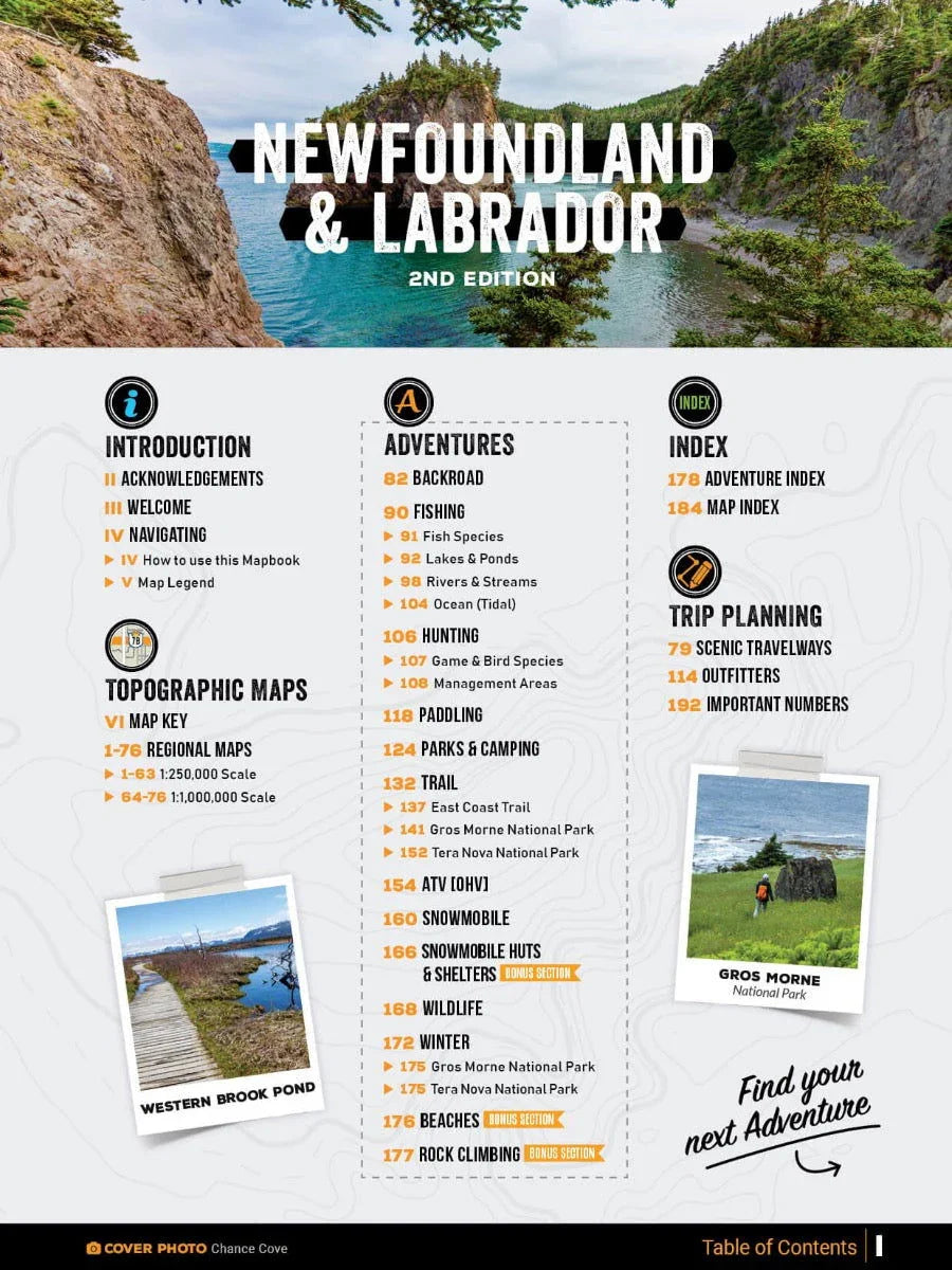 Newfoundland and Labrador mapbook cover with coastal cliffs, trees, and contents overview
