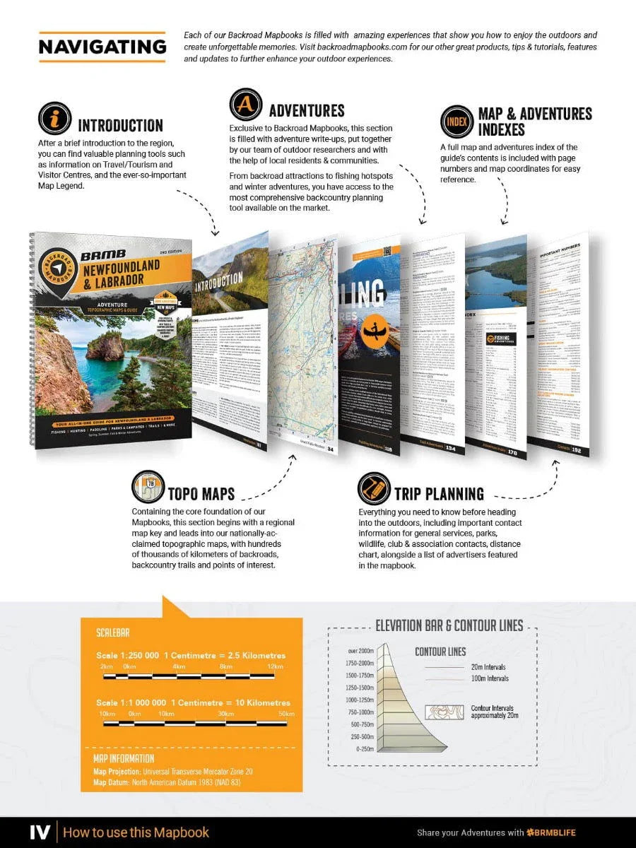 Newfoundland and Labrador Backroad Mapbook guide with introduction, adventure, topo maps and trip planning sections, plus scale bar and elevation chart.
