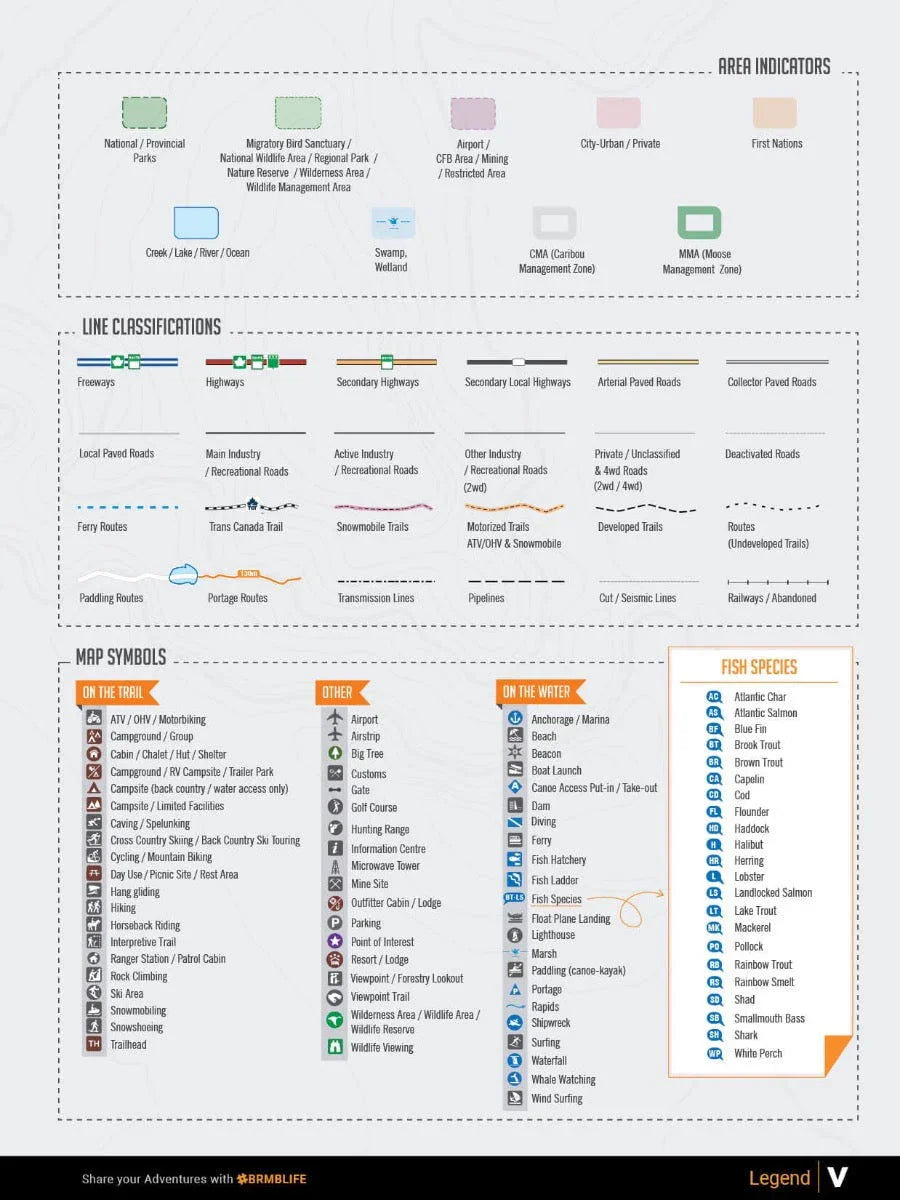 Newfoundland Labrador Backroad Mapbooks legend with area indicators, road classifications, map symbols, and fish species icons.