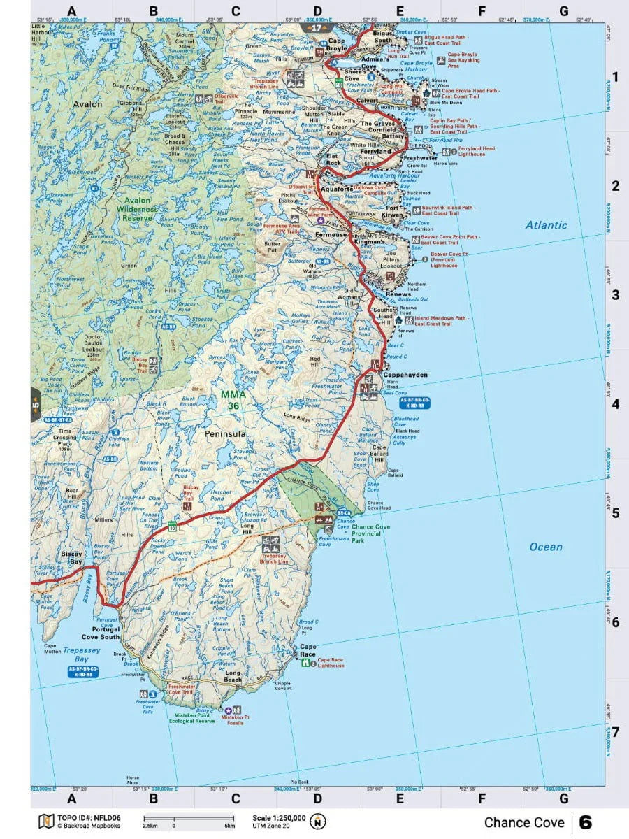Detailed map of Avalon Peninsula, Newfoundland Labrador with hiking routes and coastal towns
