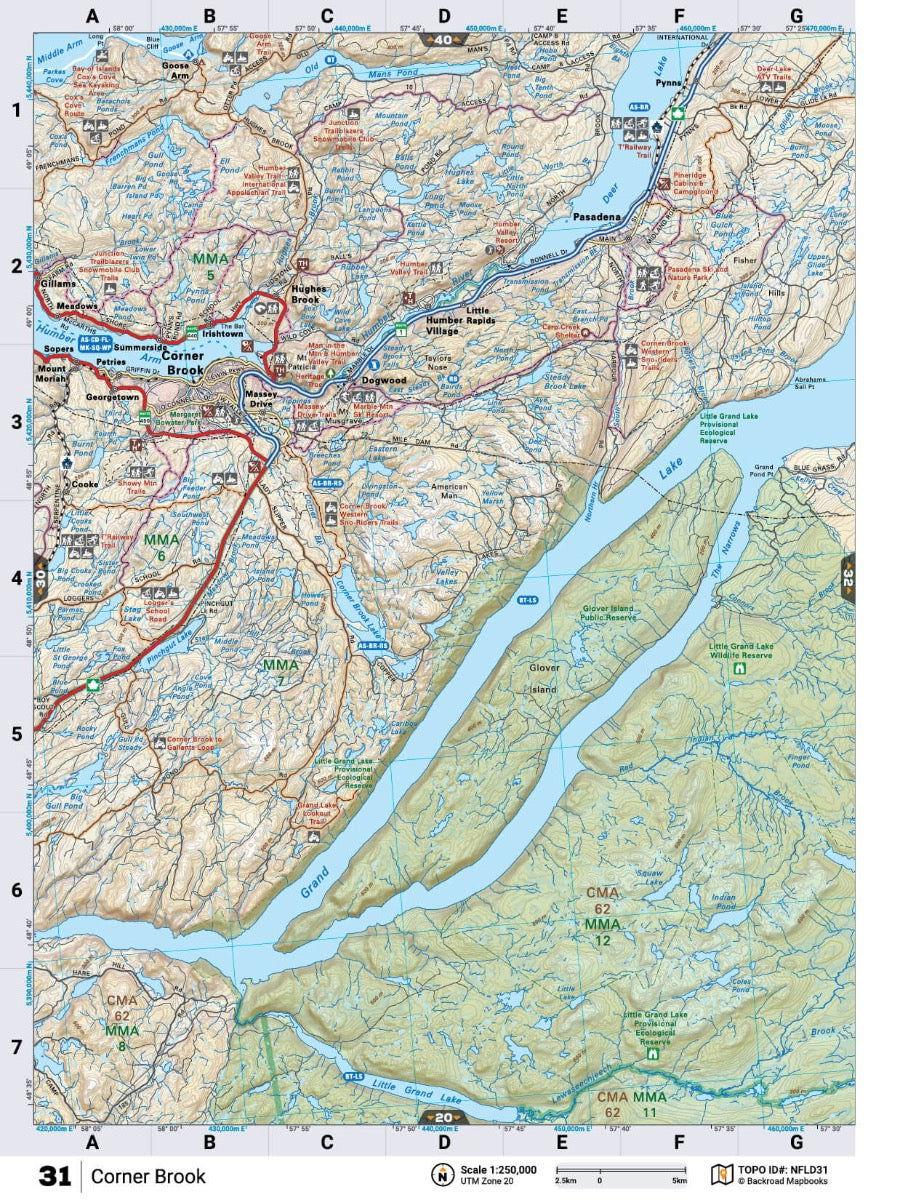 Corner Brook Newfoundland Labrador topographic map with roads, lakes, and landmarks