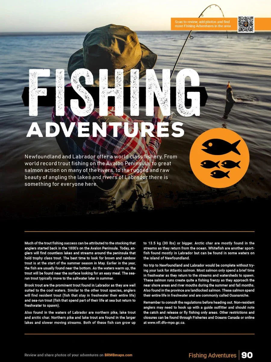 Person fishing at a lake in Newfoundland and Labrador, text highlighting fishing adventures.
