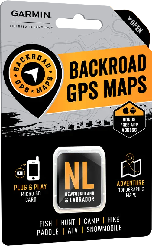 Backroad GPS Maps Newfoundland and Labrador Micro SD card package for Garmin with topographic adventure map features, bonus app access, and outdoor activity icons.