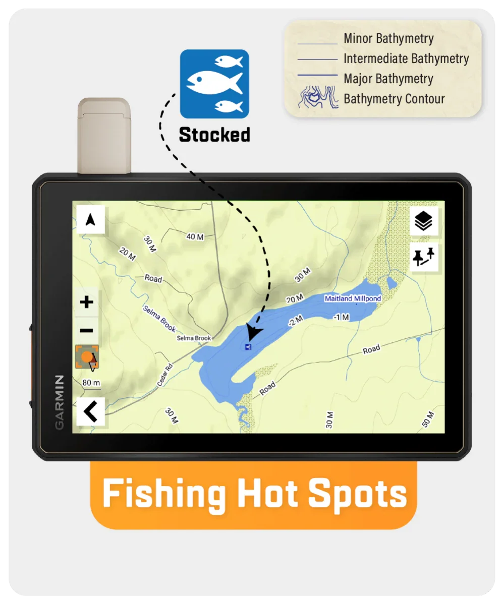 GPS map showing Maitland Millpond fishing hot spot, stocked fish icon, bathymetry lines