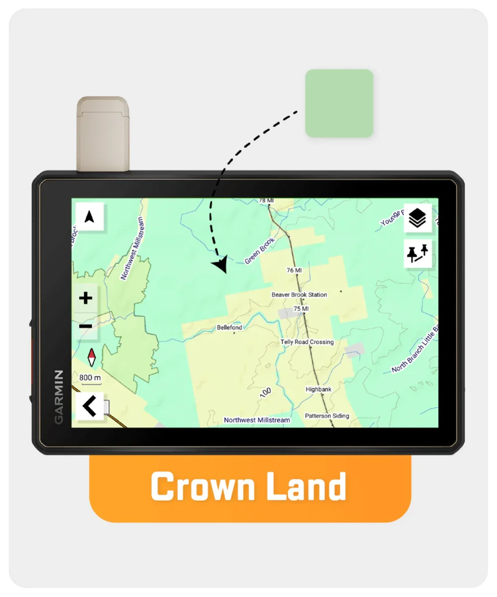 Garmin GPS device showing Newfoundland Labrador Crown Land map with highlighted regions