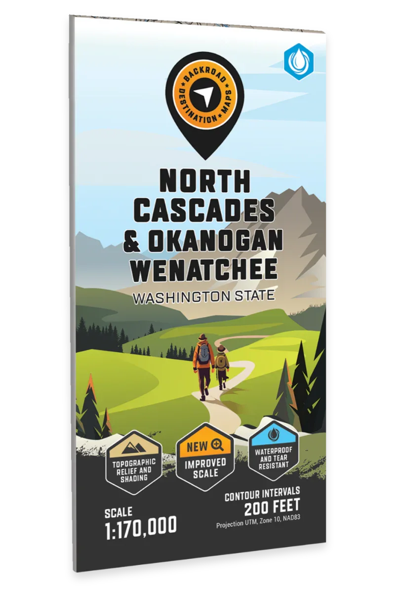 North Cascades Okanogan Wenatchee Washington State destination map cover with hikers and mountains