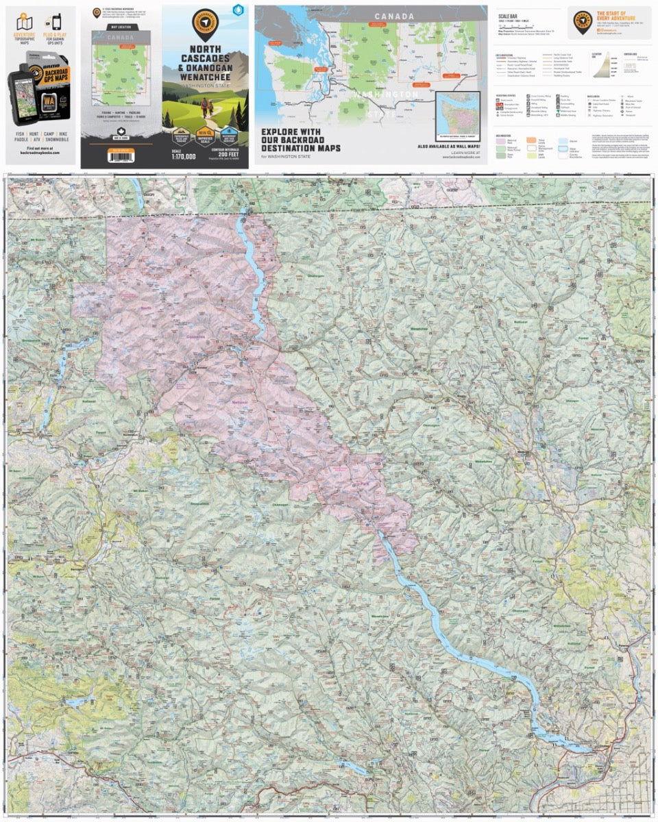 North Cascades and Okanogan Wenatchee Washington State destination map with trail and topography details