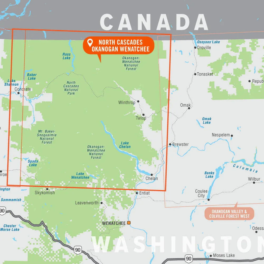 Map of North Cascades and Okanogan Wenatchee in Washington State, highlighting forests and lakes.