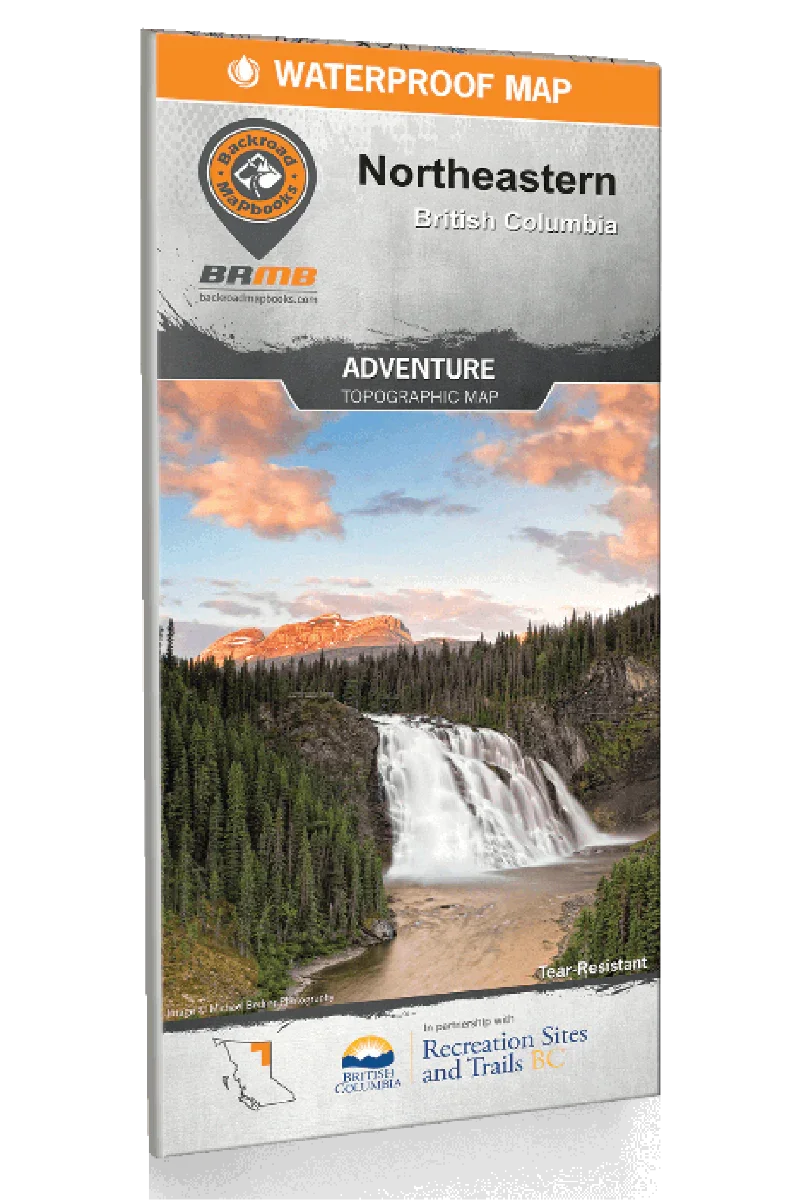 Northeastern British Columbia adventure map cover with waterfall, forest, and sunset sky.