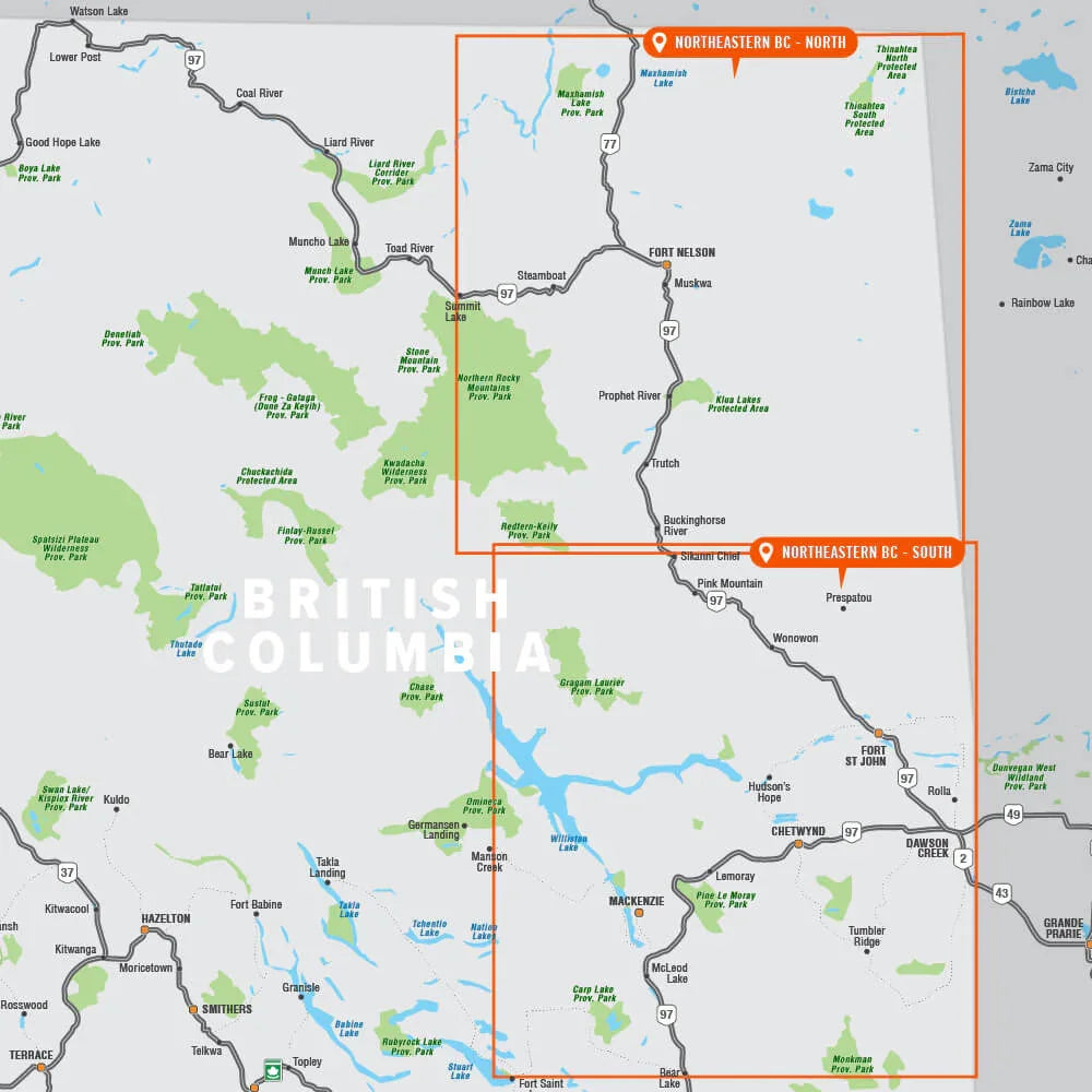 Northeastern British Columbia recreation map with parks, highways, and towns highlighted.