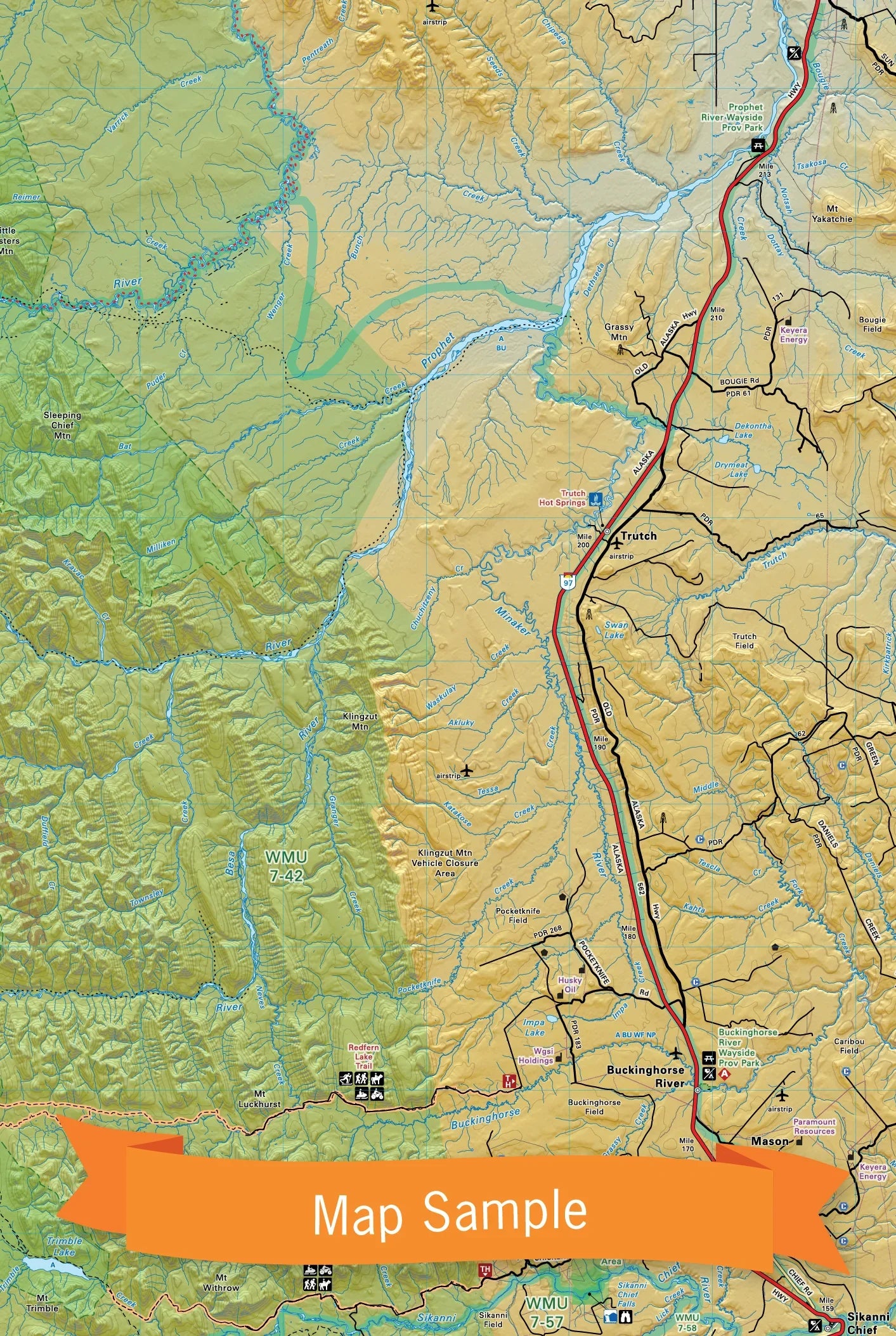 Northeastern BC recreation map sample highlighting rivers, parks, highways, and topography