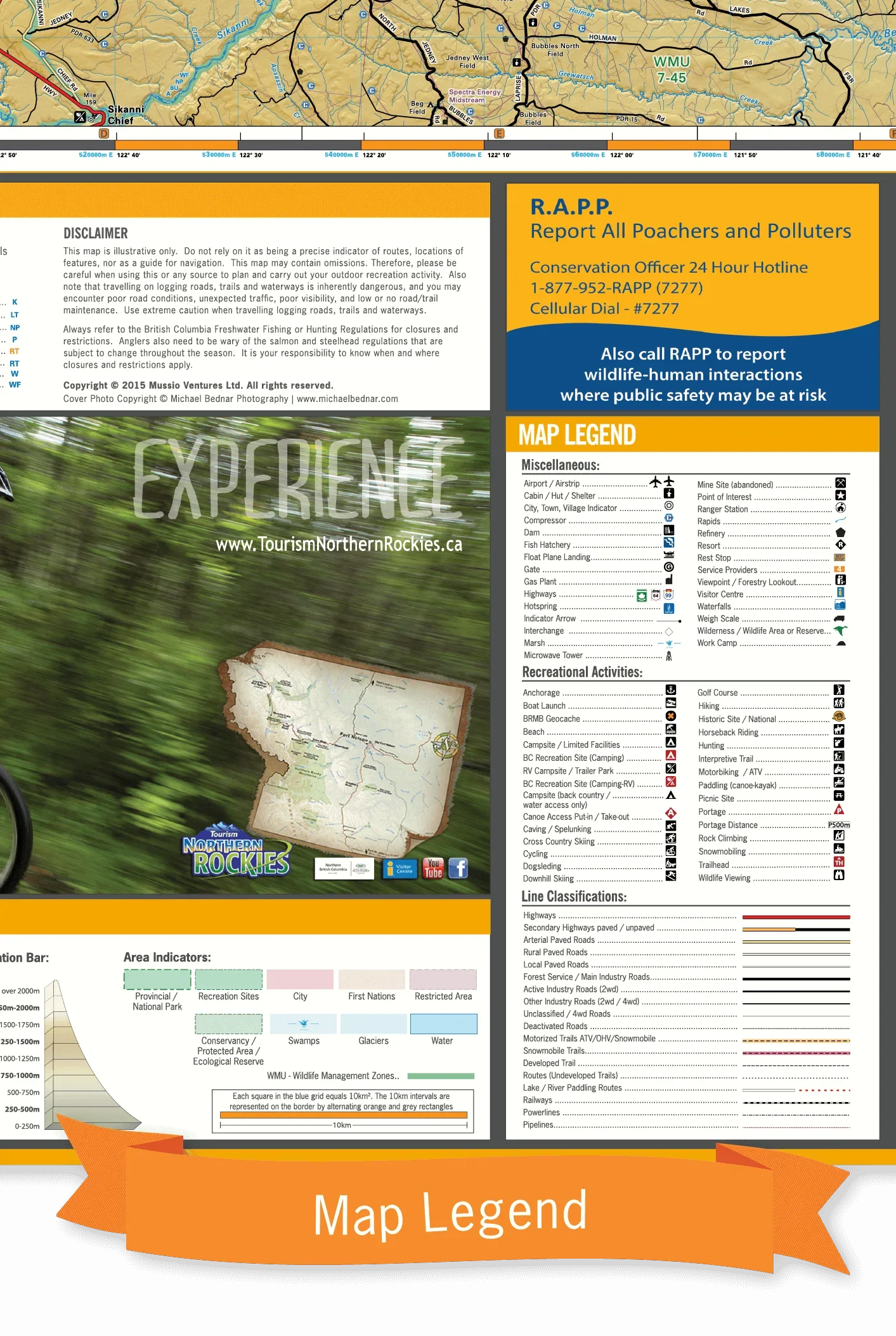 Northeastern BC recreation map legend with symbols for parks, activities, and roads