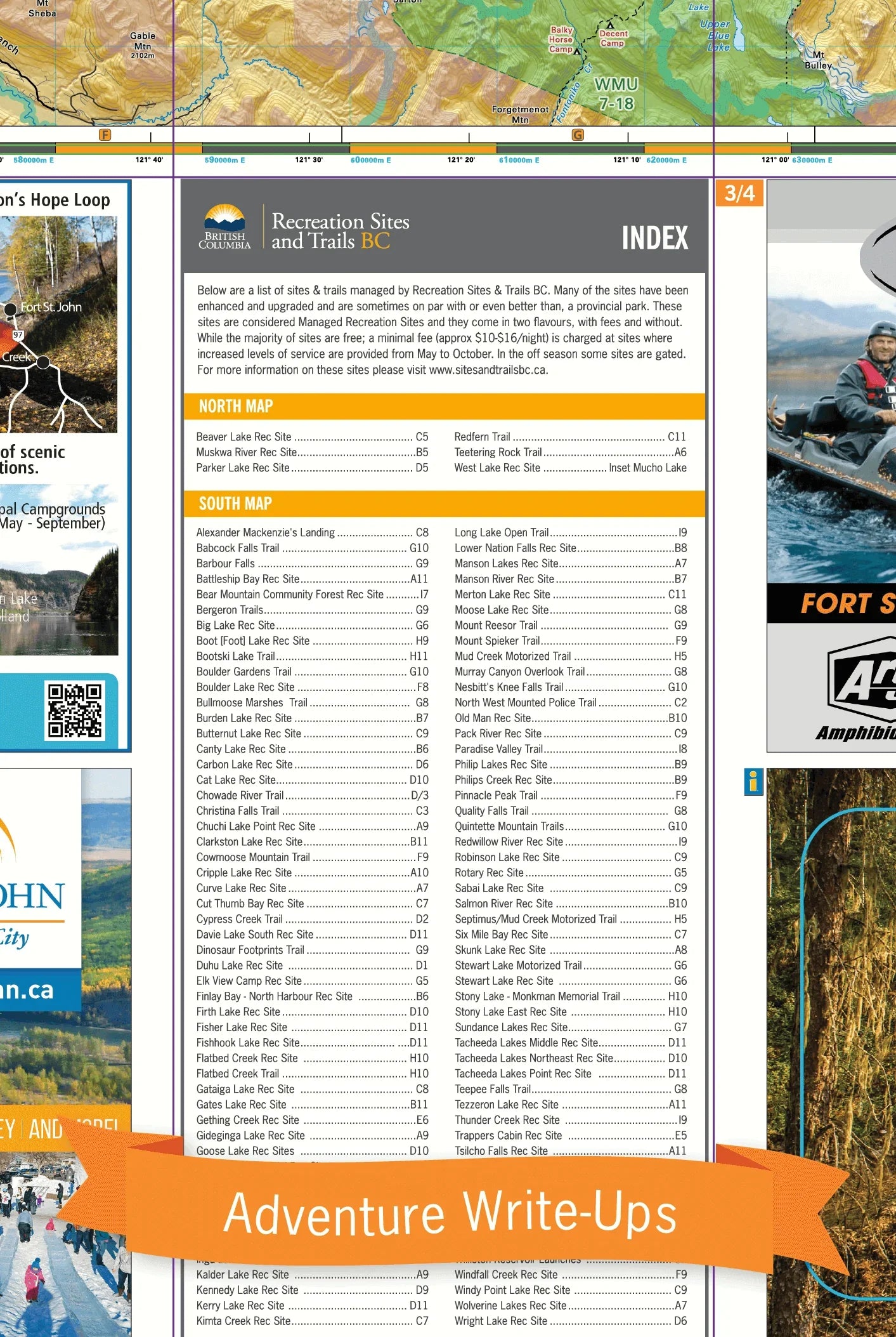 Northeastern BC recreation map index listing parks, trails, and campgrounds, with an Adventure Write-Ups banner.