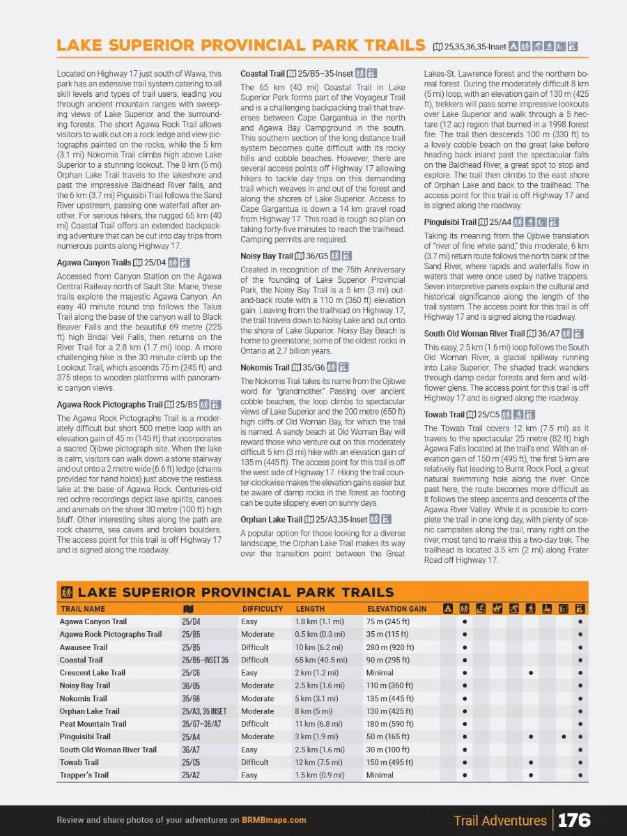 Lake Superior Provincial Park trails guide with trail names, difficulty, length, and elevation chart.