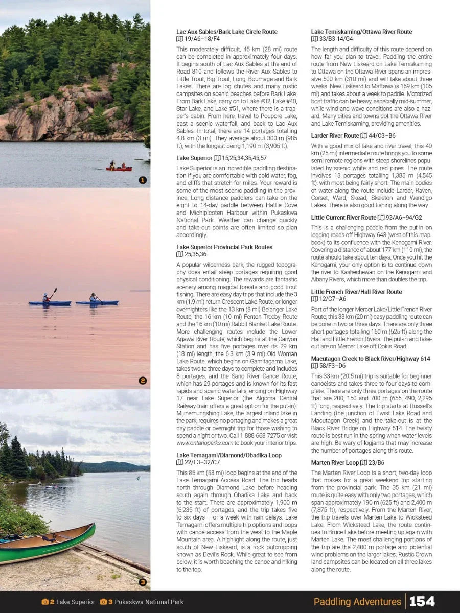 Canoers paddle on calm lakes with forested shores in Northeastern Ontario, mapbook page