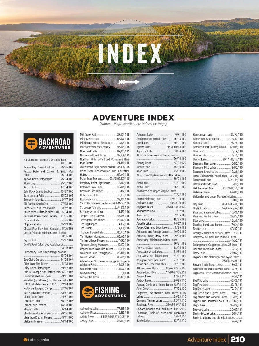 Northeastern Ontario Backroad Mapbook index page, forested island, adventure and fishing listings