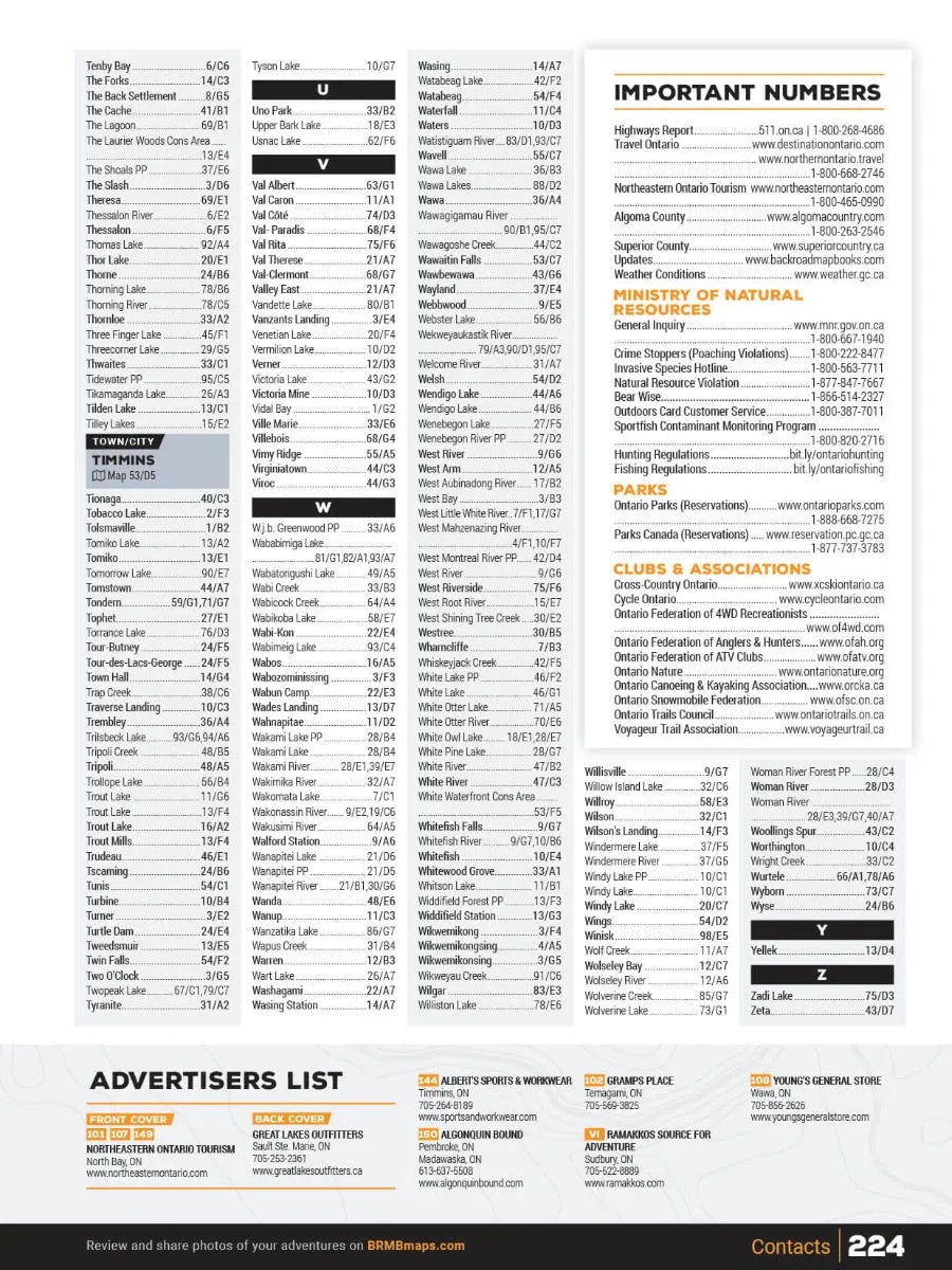 Northeastern Ontario Backroad Mapbook index and important contact numbers page, showing place names, map coordinates, tourism and outdoor reference information.