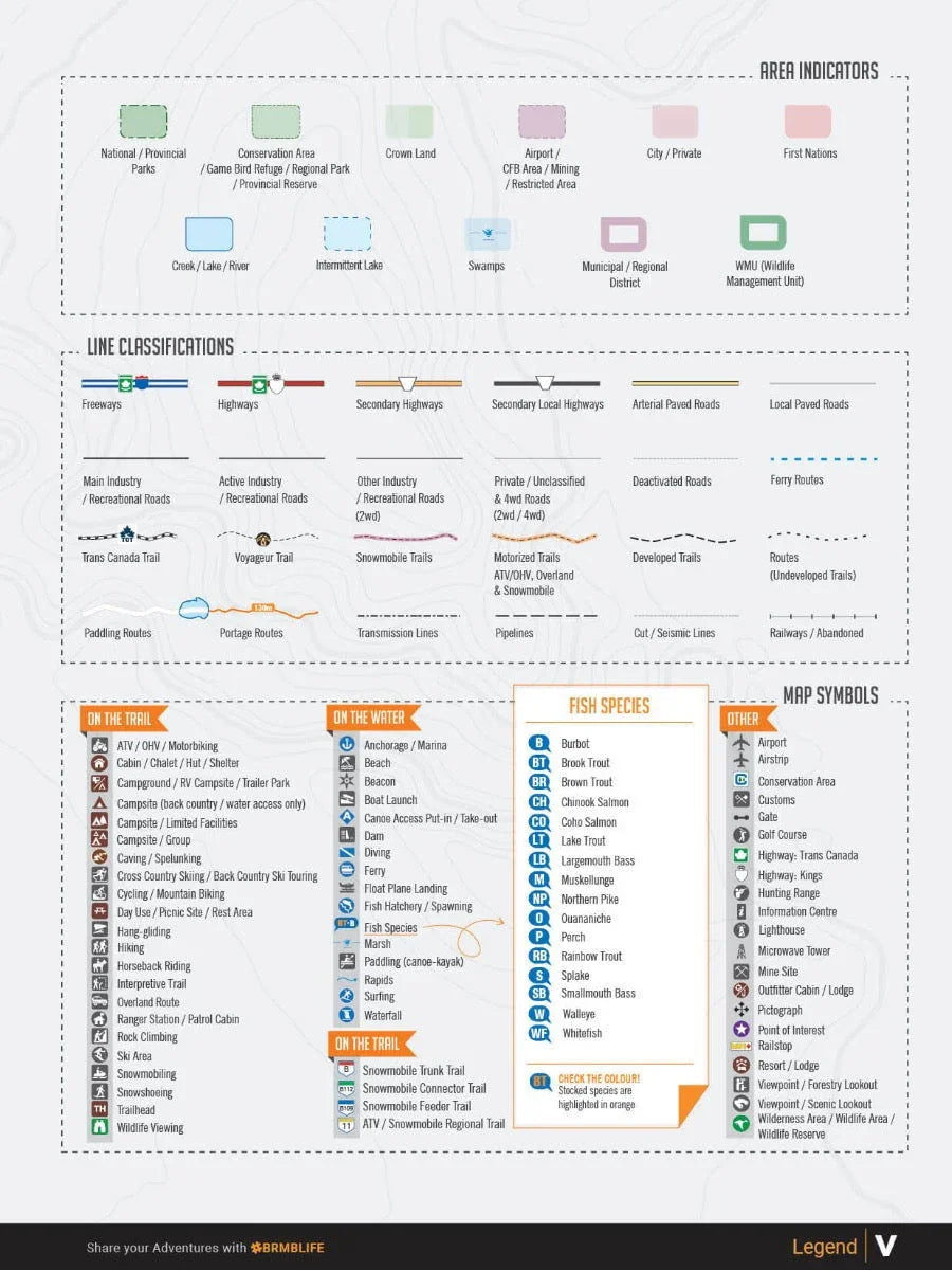 Northeastern Ontario backroad map legend with area indicators, line types, symbols, and fish species.