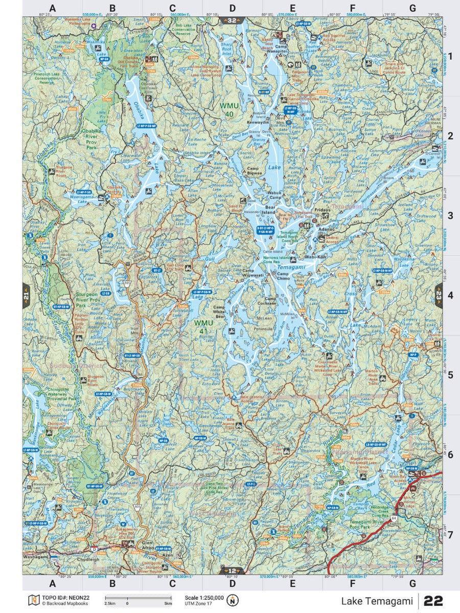 Detailed Northeastern Ontario Lake Temagami backroad map with lakes, roads, and landmarks