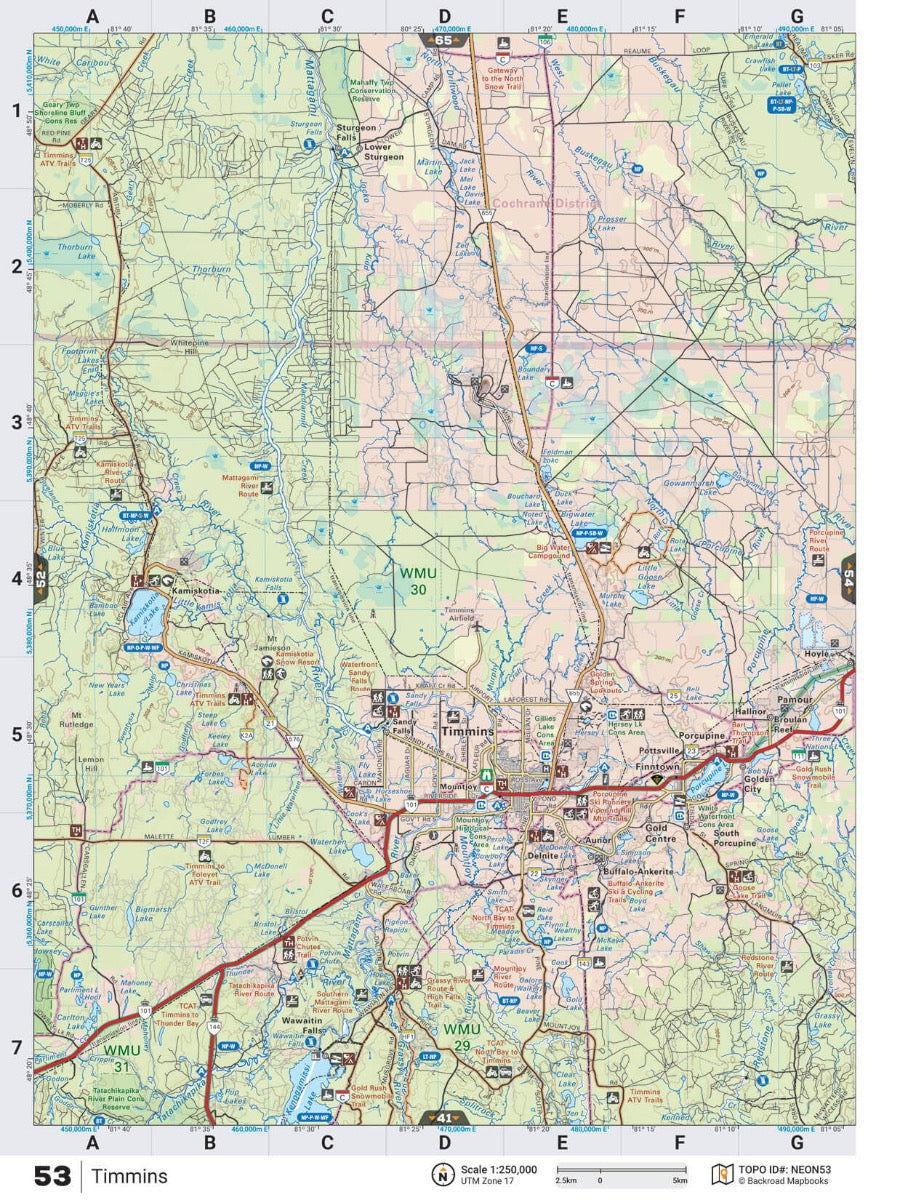 Northeastern Ontario map showing Timmins, highways, lakes, parks, and recreation sites.