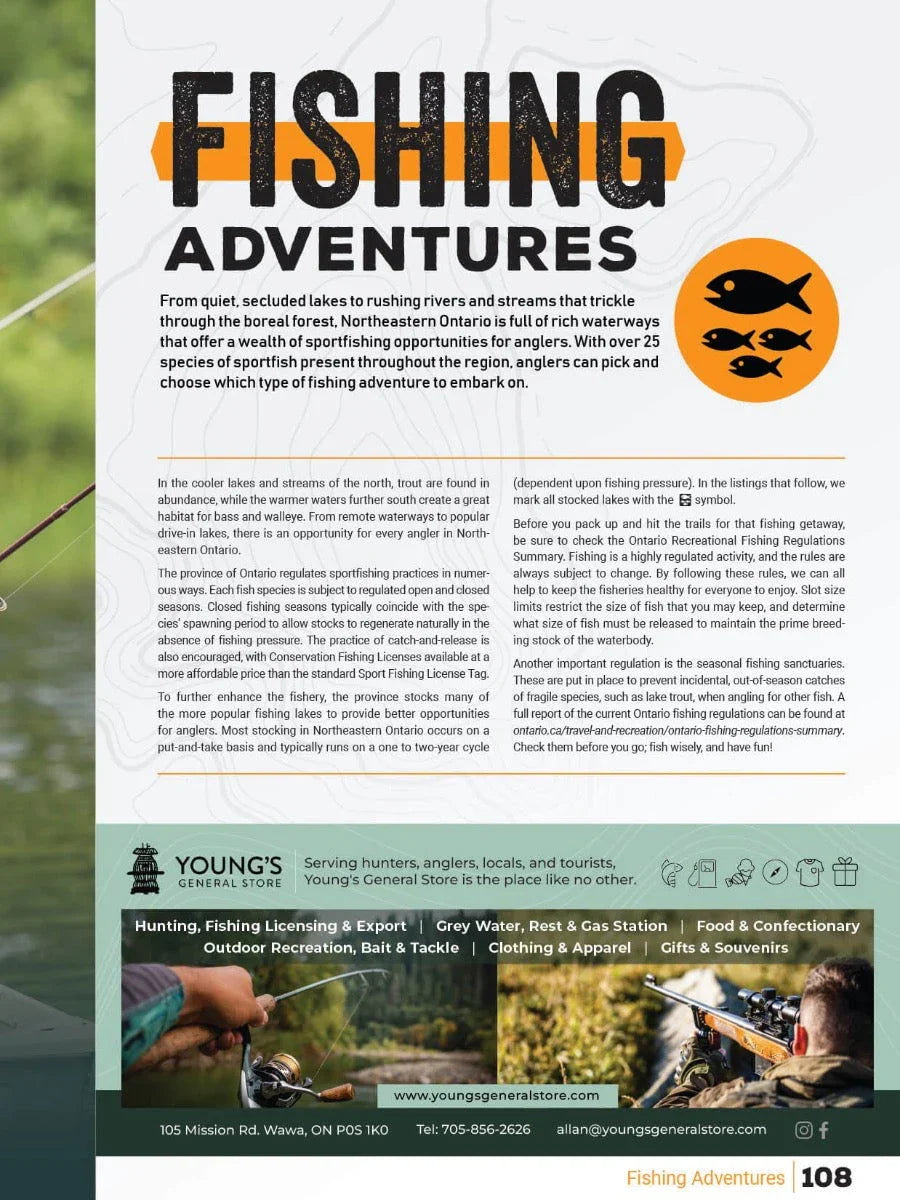 Fishing Adventures ad for Northeastern Ontario with fish icons, text, and anglers outdoors